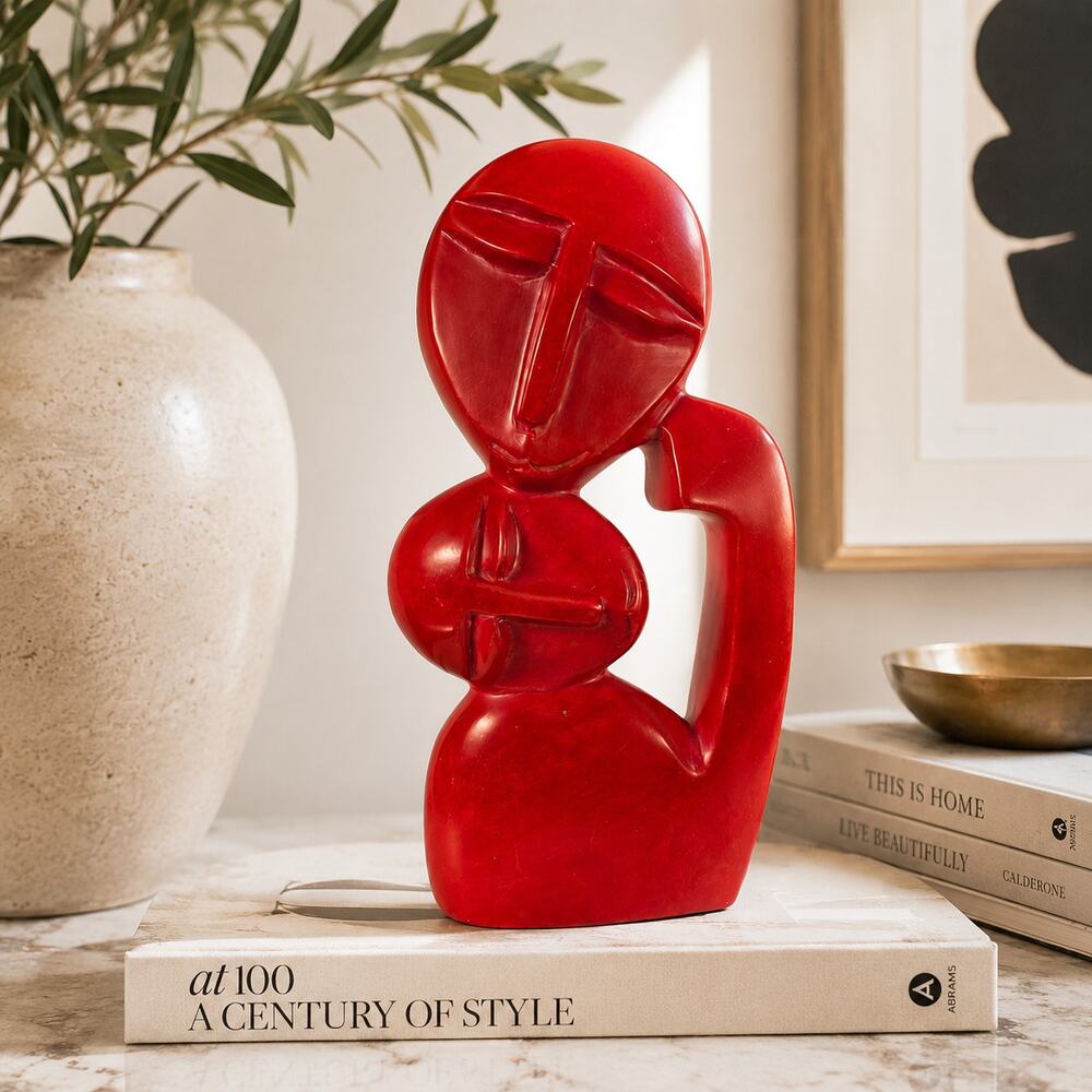 Vintage Modernist Hardstone Sculpture Mother and Child Abstract Red Statue Decor